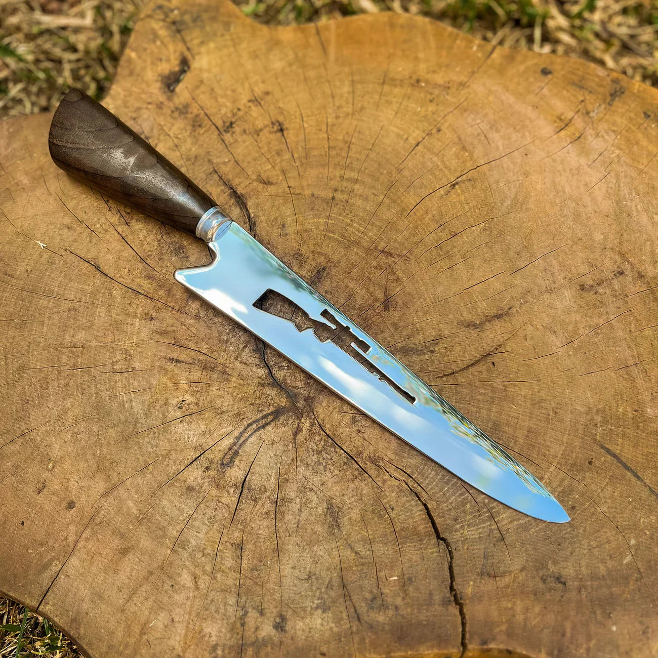 Faca Artesanal P/ Churrasco 10" 3mm Lâmina com Cabo madeira + Case especial em couro - VARIOS TEMAS NA LAMINA