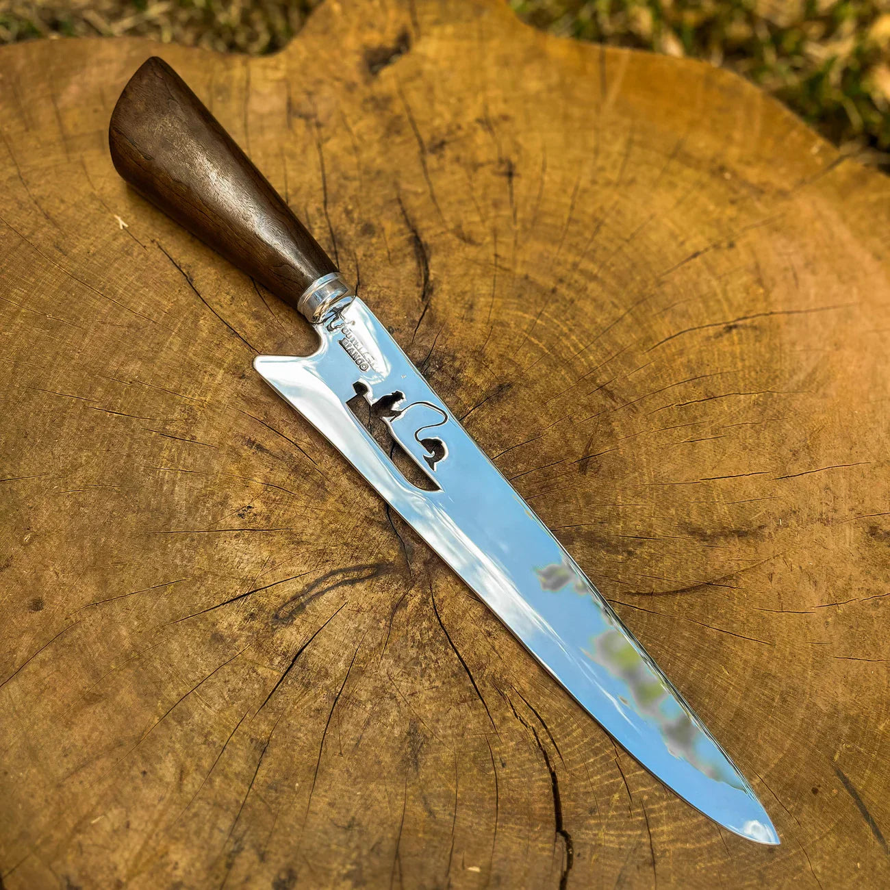 Faca Artesanal P/ Churrasco 10" 3mm Lâmina com Cabo madeira + Case especial em couro - VARIOS TEMAS NA LAMINA